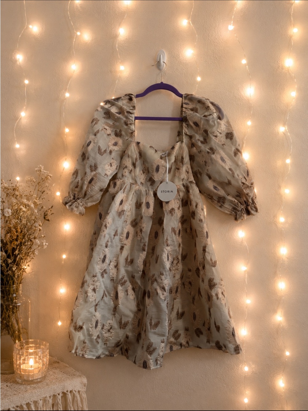 Storia Cream and Rose-Gold Metallic Floral Puff-Sleeve Dress